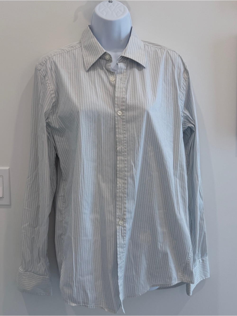 Hugo Boss Men's White Shirt with Thin Blue Pinstripes